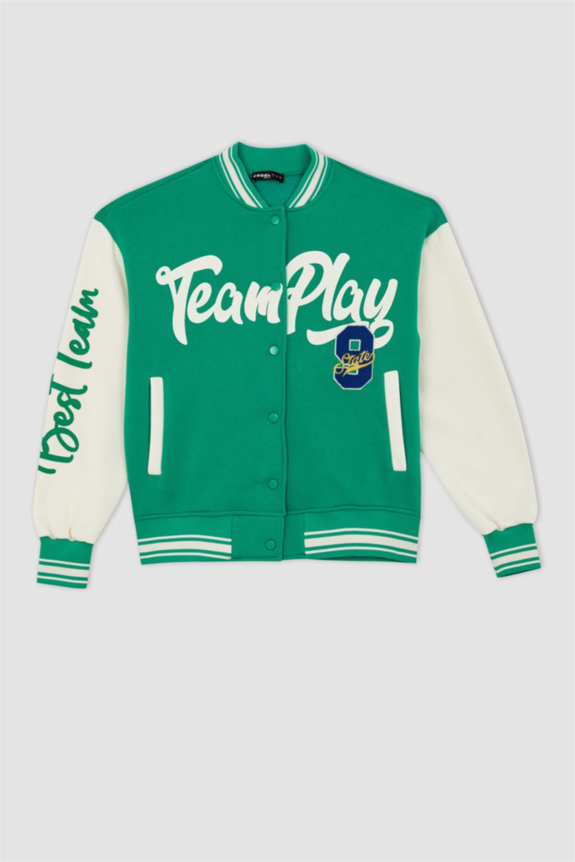 WOMAN Green Cool Printed Regular Fit Crew Neck Thick Fabric Bomber Jacket