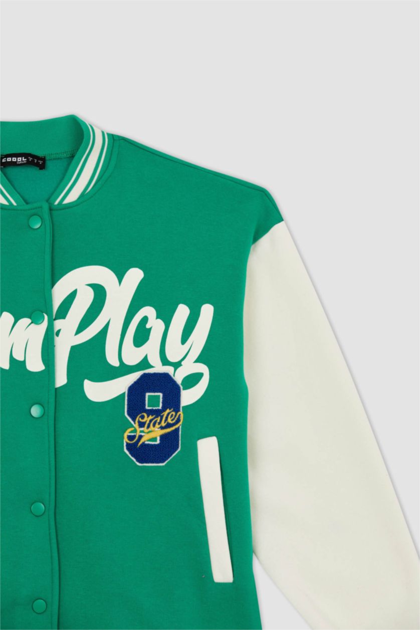 WOMAN Green Cool Printed Regular Fit Crew Neck Thick Fabric Bomber Jacket