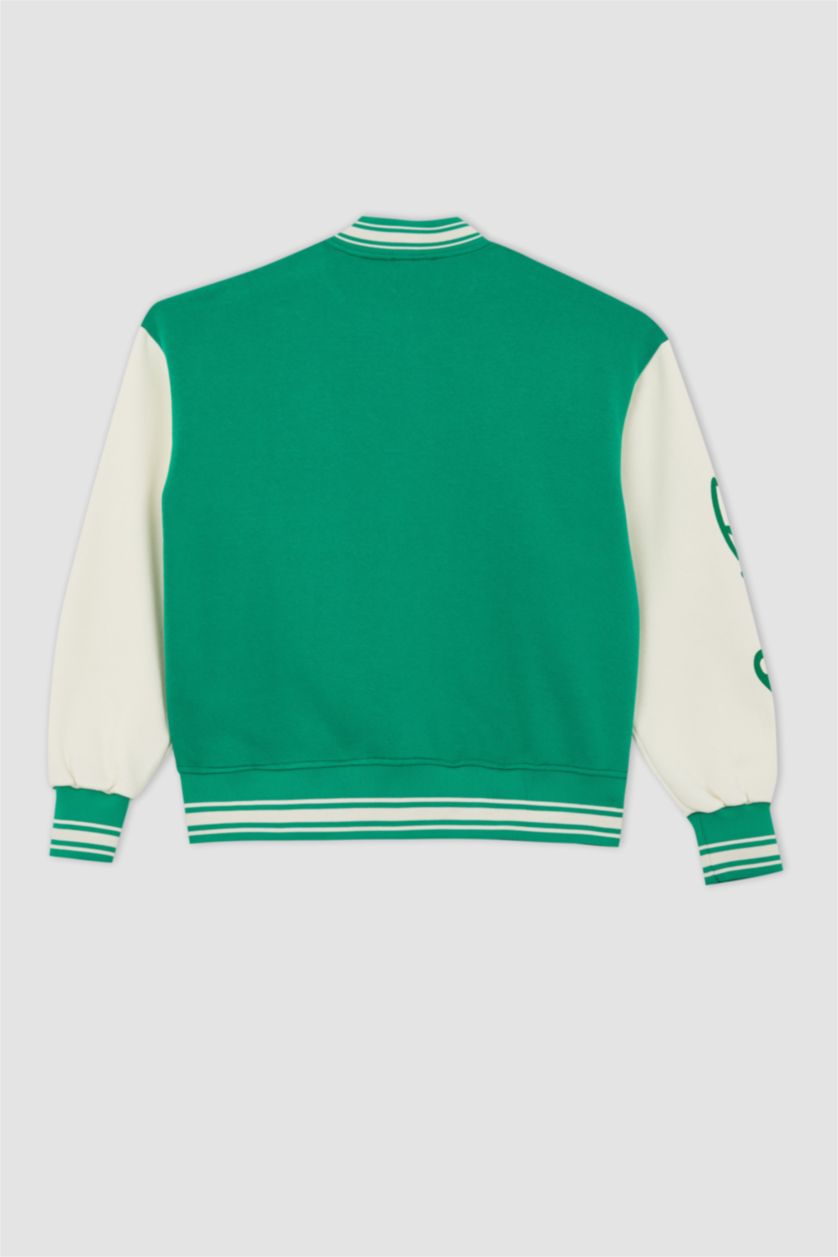 WOMAN Green Cool Printed Regular Fit Crew Neck Thick Fabric Bomber Jacket