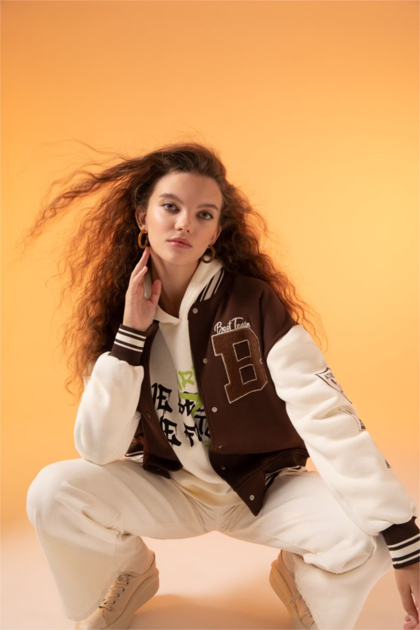 WOMAN Brown Coool Regular Fit Thick Sweatshirt Fabric Bomber Jacket