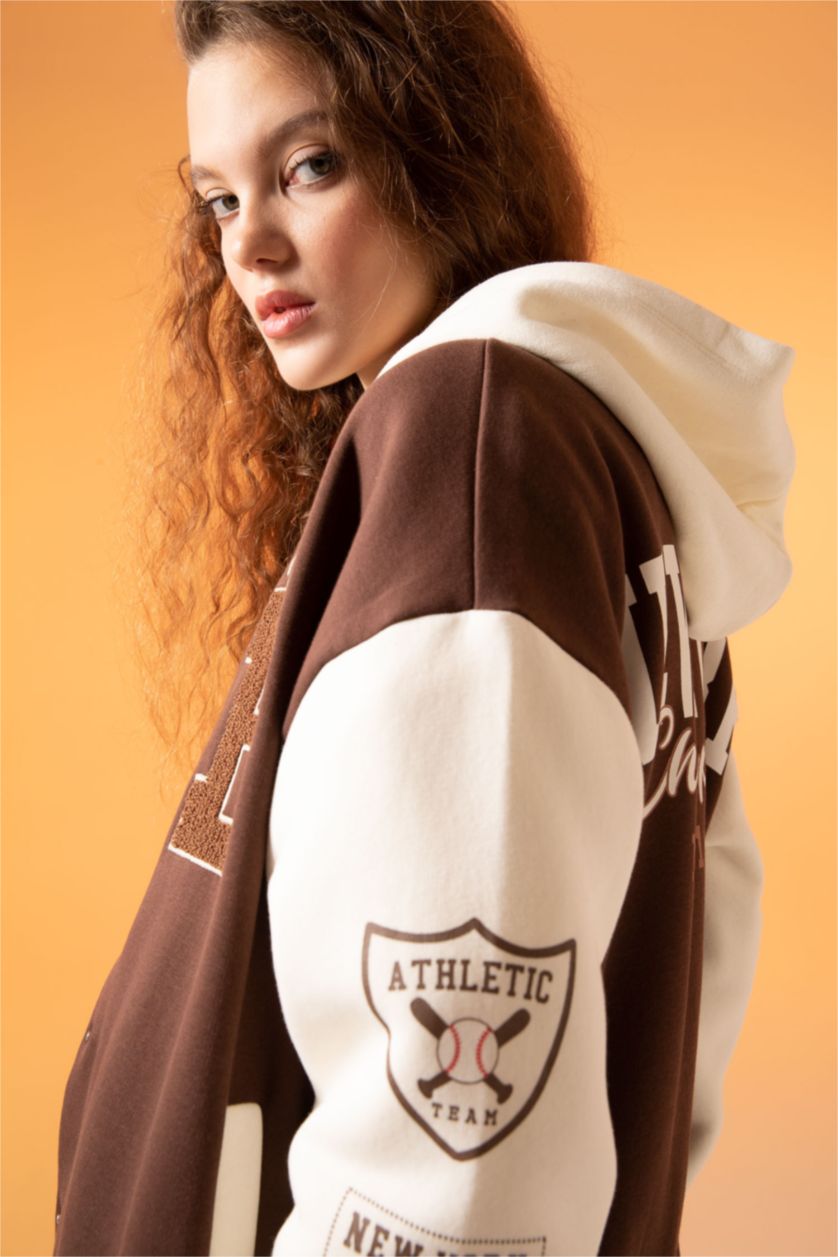 WOMAN Brown Coool Regular Fit Thick Sweatshirt Fabric Bomber Jacket