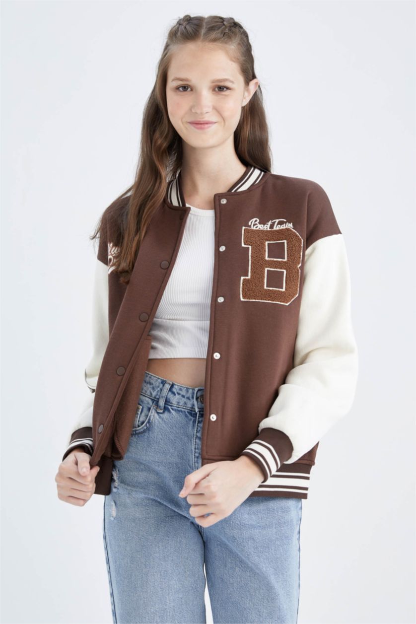 WOMAN Brown Coool Regular Fit Thick Sweatshirt Fabric Bomber Jacket