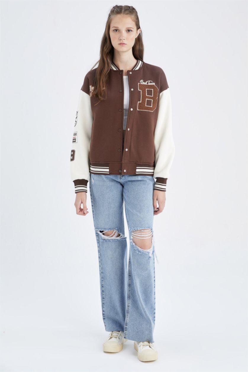 WOMAN Brown Coool Regular Fit Thick Sweatshirt Fabric Bomber Jacket