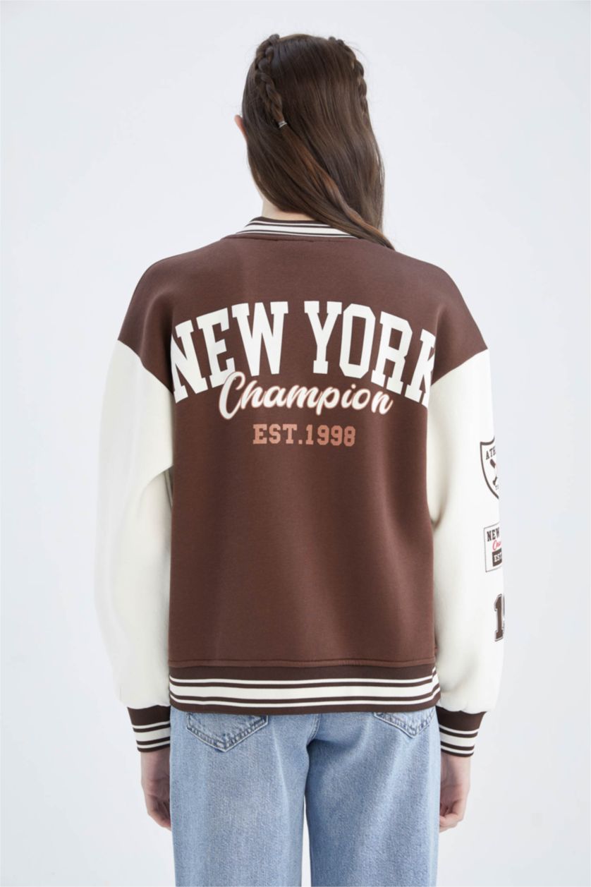 WOMAN Brown Coool Regular Fit Thick Sweatshirt Fabric Bomber Jacket
