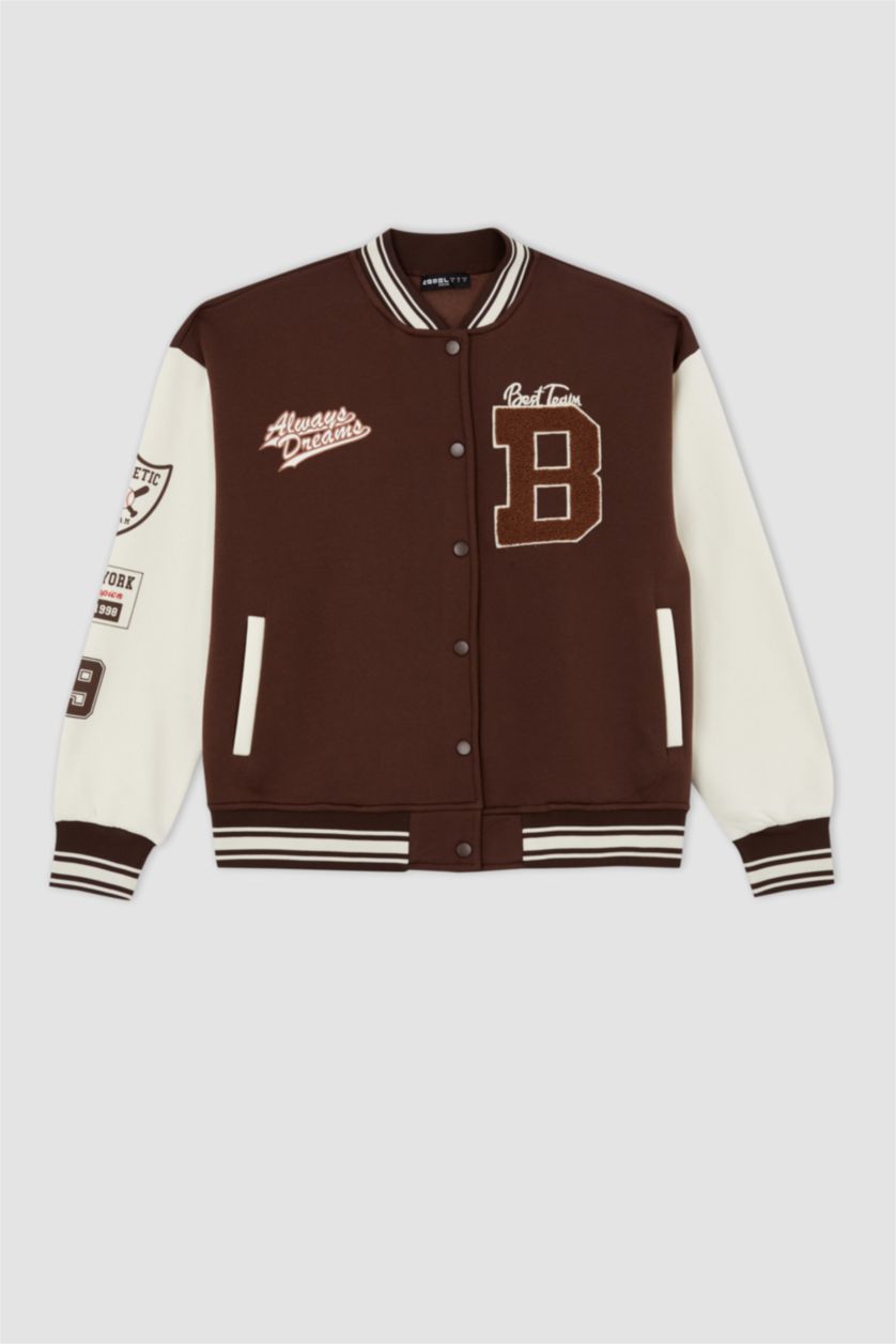 WOMAN Brown Coool Regular Fit Thick Sweatshirt Fabric Bomber Jacket