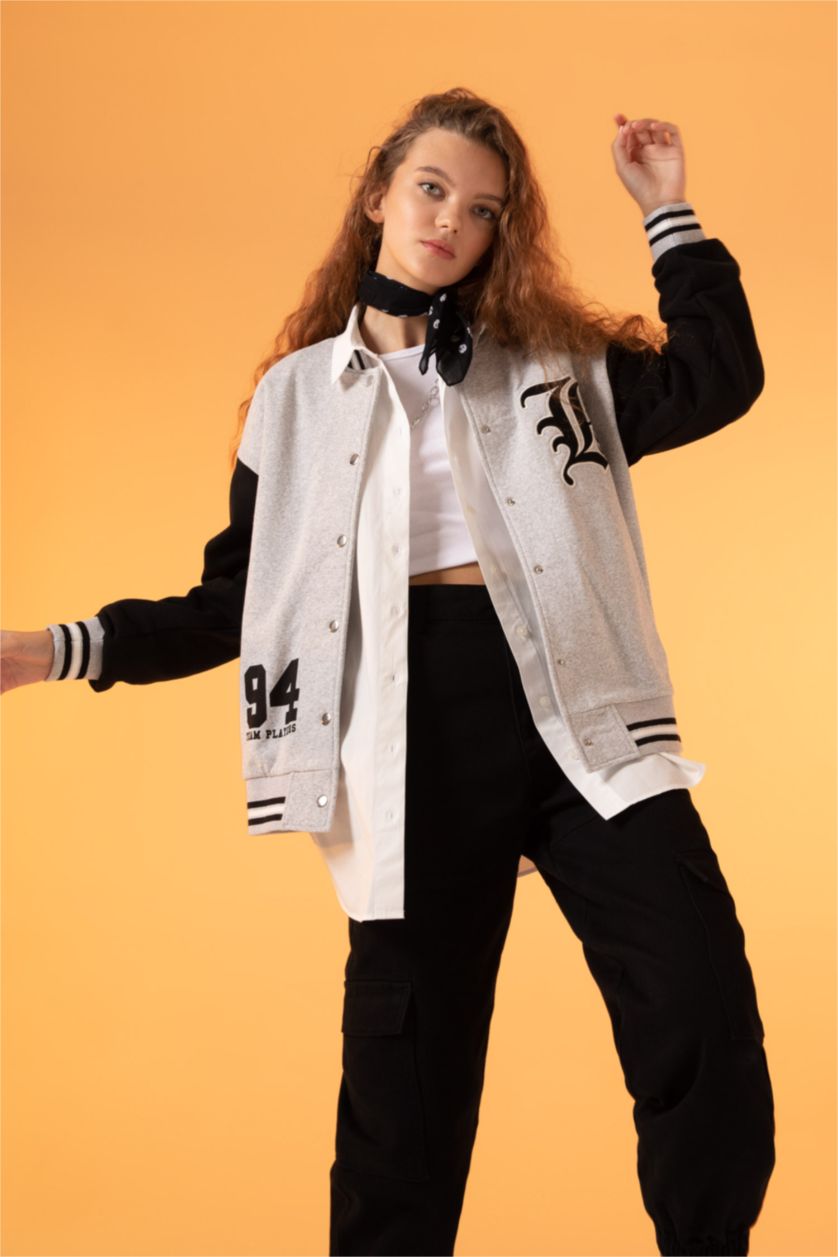 WOMAN Grey Melange Coool Regular Fit Thick Sweatshirt Fabric Bomber Jacket