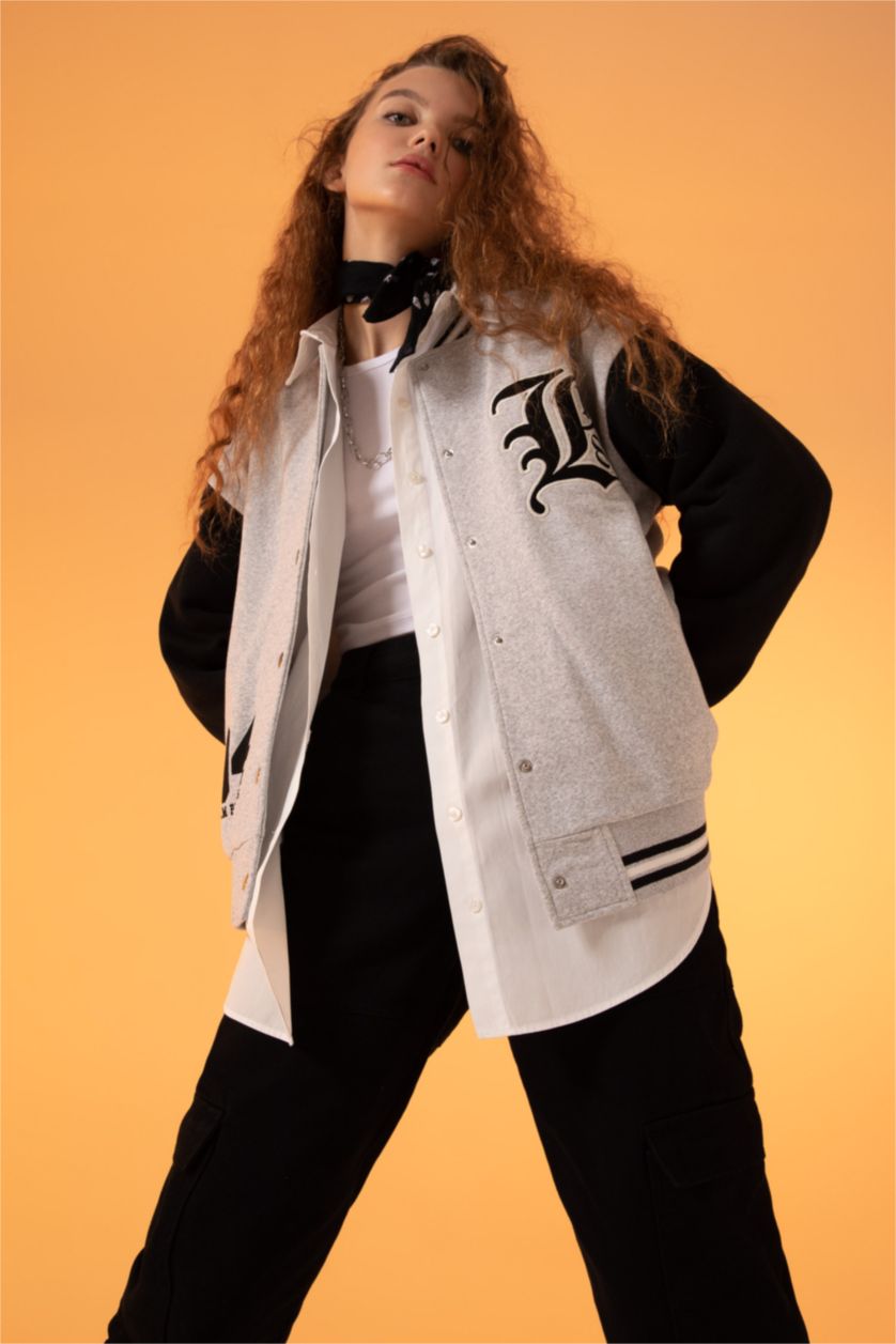 WOMAN Grey Melange Coool Regular Fit Thick Sweatshirt Fabric Bomber Jacket