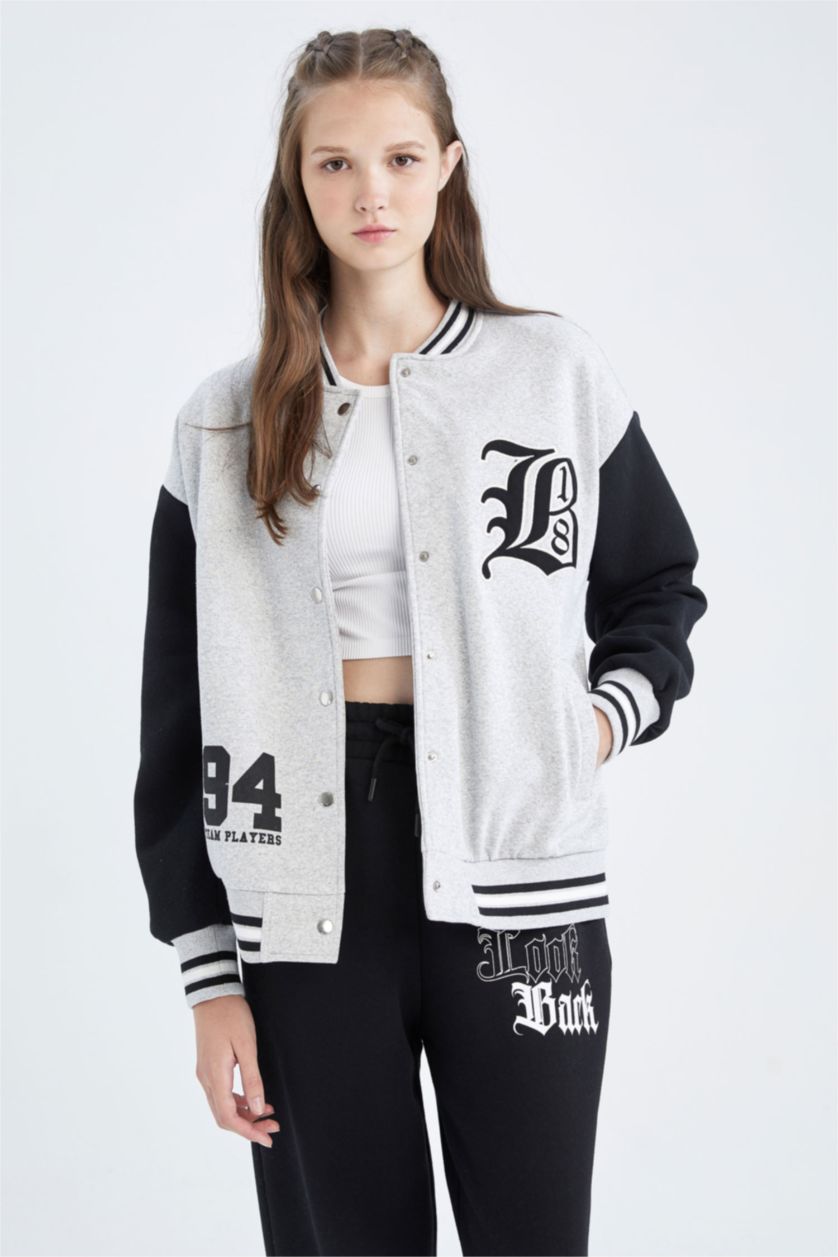 WOMAN Grey Melange Coool Regular Fit Thick Sweatshirt Fabric Bomber Jacket