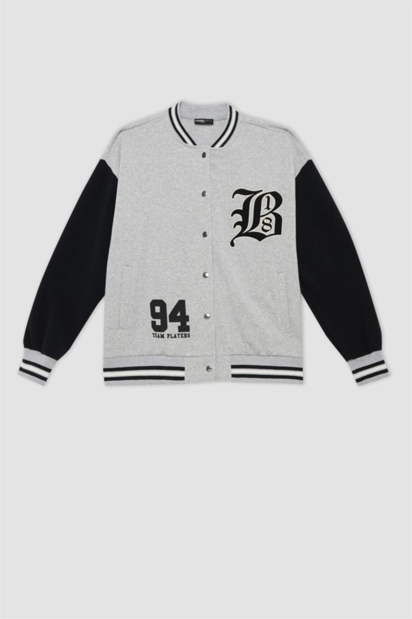 WOMAN Grey Melange Coool Regular Fit Thick Sweatshirt Fabric Bomber Jacket