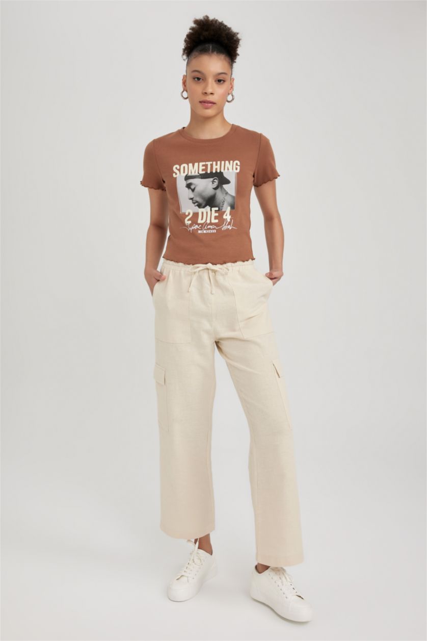 WOMAN Beige Straight Fit Cargo Cargo Pocket Normal Waist Linen Blend Trousers