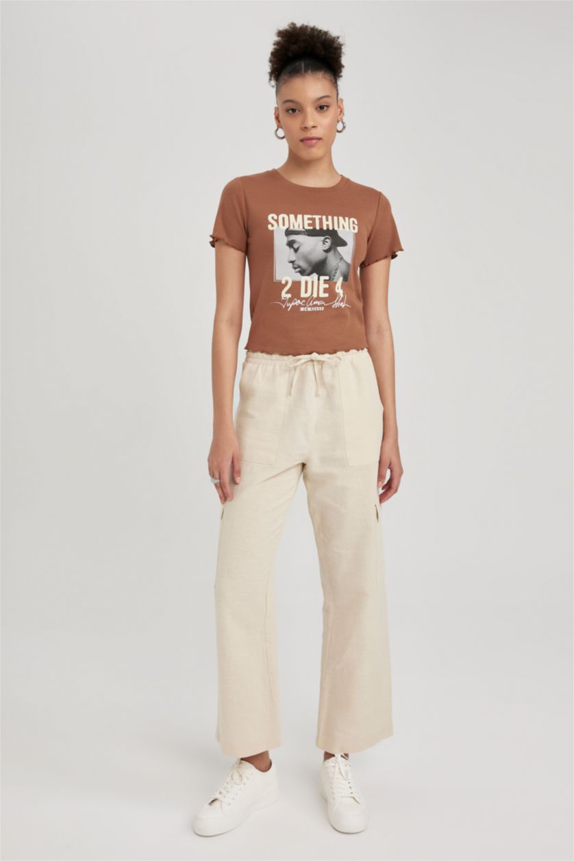 WOMAN Beige Straight Fit Cargo Cargo Pocket Normal Waist Linen Blend Trousers