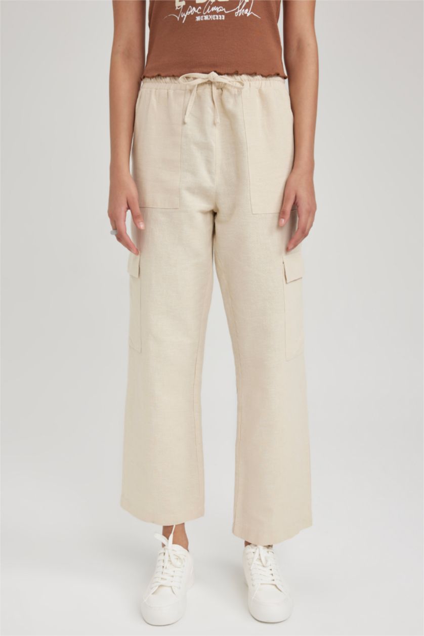 WOMAN Beige Straight Fit Cargo Cargo Pocket Normal Waist Linen Blend Trousers