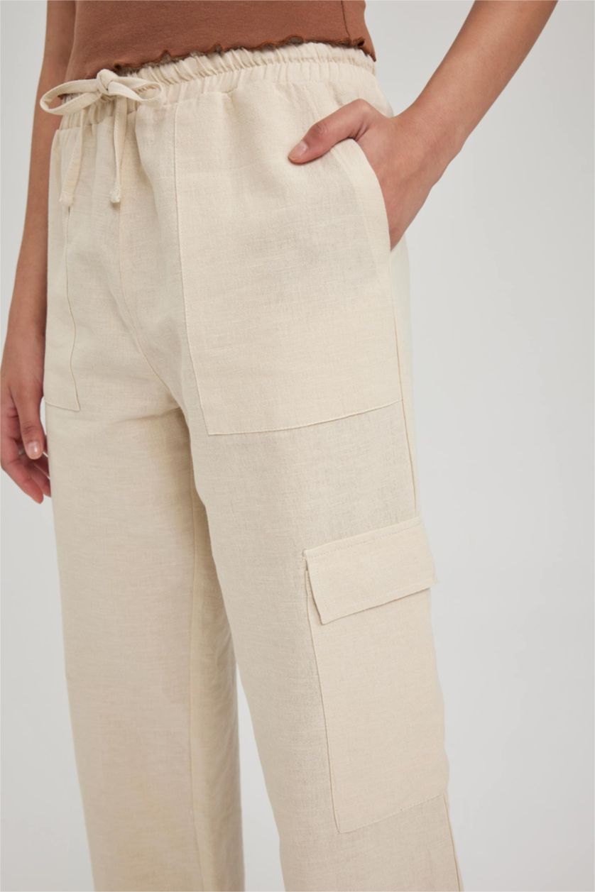 WOMAN Beige Straight Fit Cargo Cargo Pocket Normal Waist Linen Blend Trousers