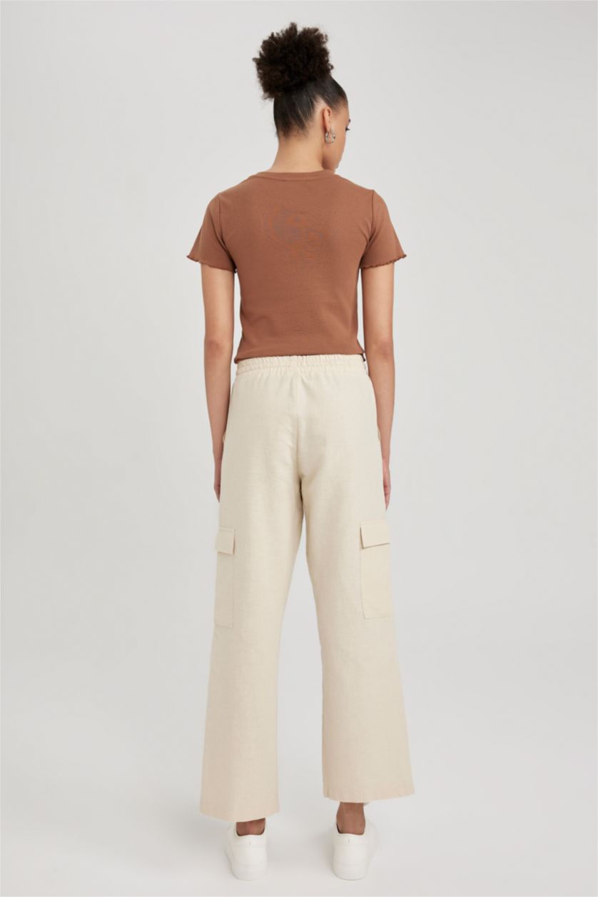 WOMAN Beige Straight Fit Cargo Cargo Pocket Normal Waist Linen Blend Trousers