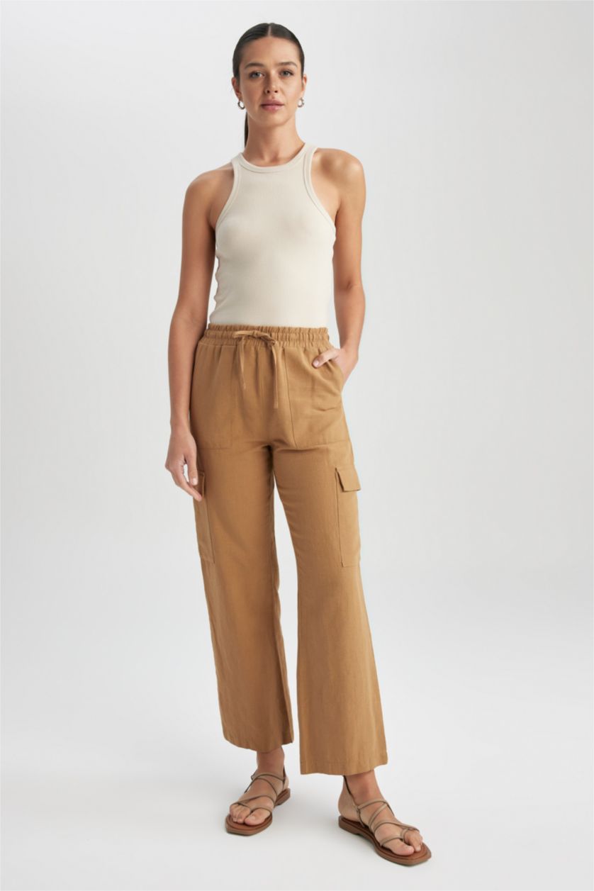 FEMME Marron Pantalon taille normale en lin coupe droite