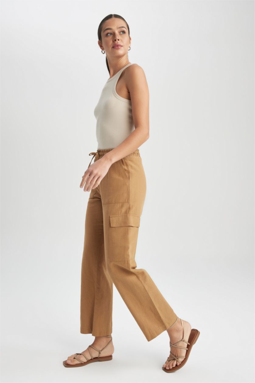 FEMME Marron Pantalon taille normale en lin coupe droite
