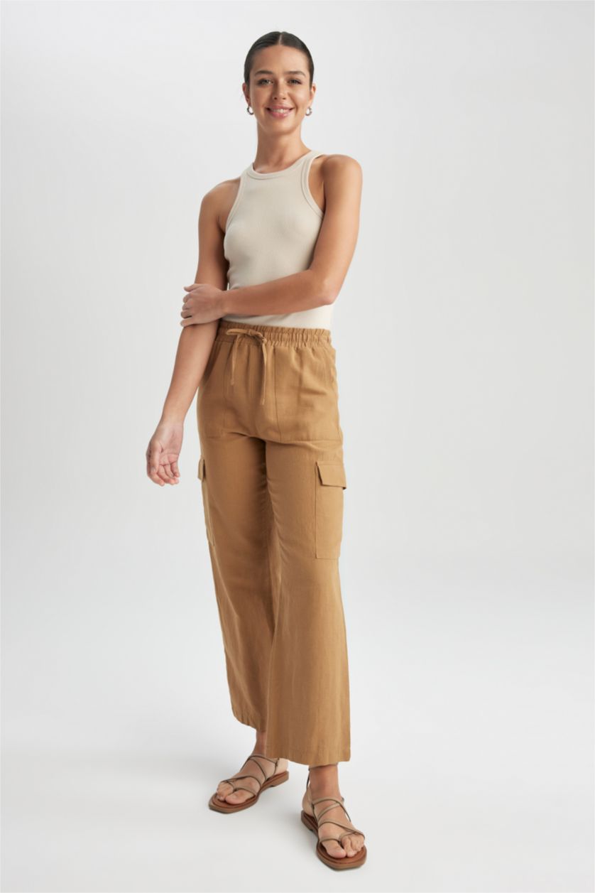 FEMME Marron Pantalon taille normale en lin coupe droite