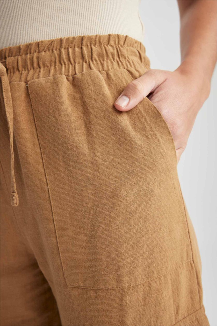 FEMME Marron Pantalon taille normale en lin coupe droite