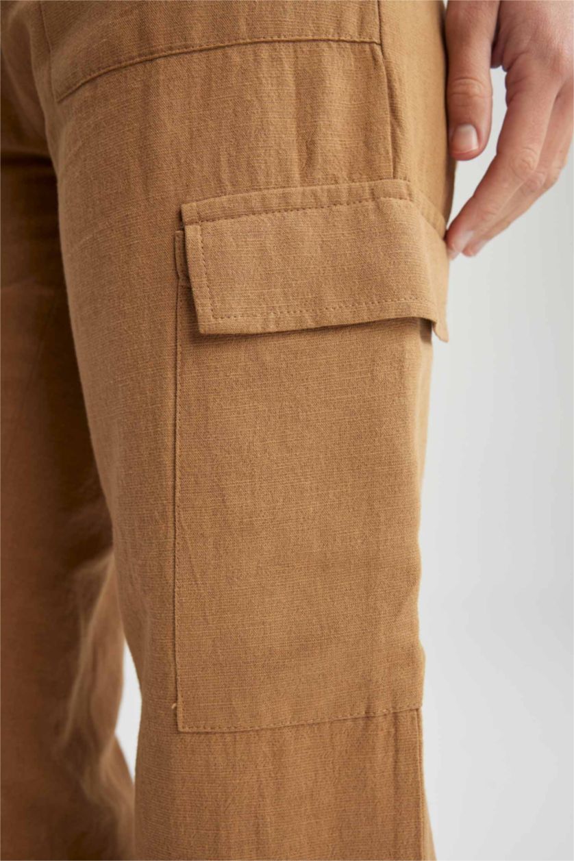 FEMME Marron Pantalon taille normale en lin coupe droite