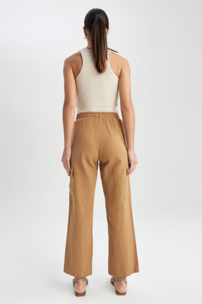 FEMME Marron Pantalon taille normale en lin coupe droite