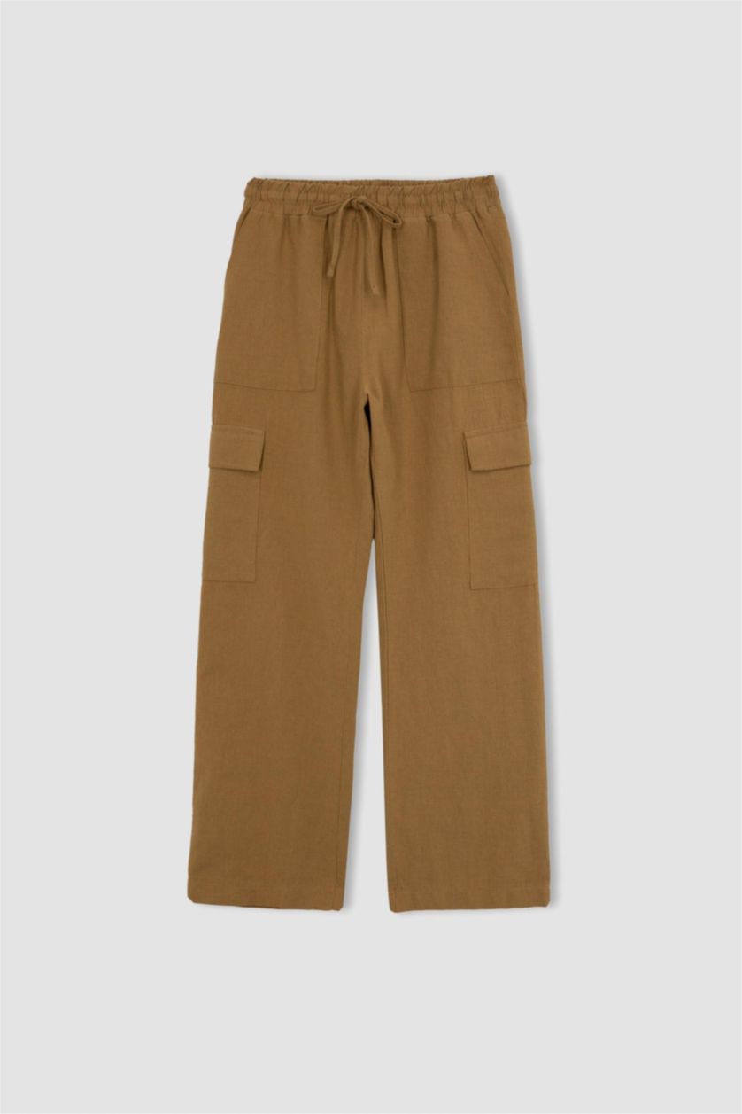 FEMME Marron Pantalon taille normale en lin coupe droite