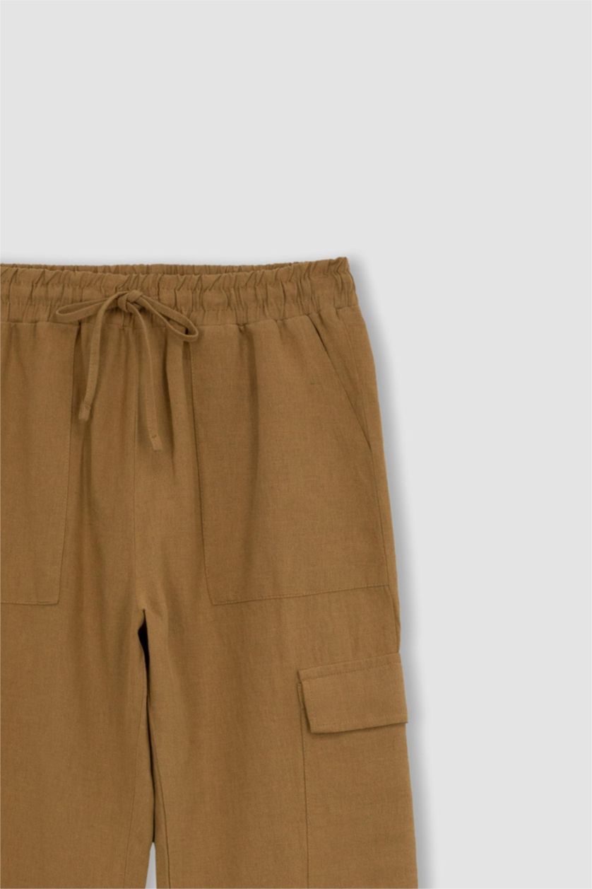 FEMME Marron Pantalon taille normale en lin coupe droite