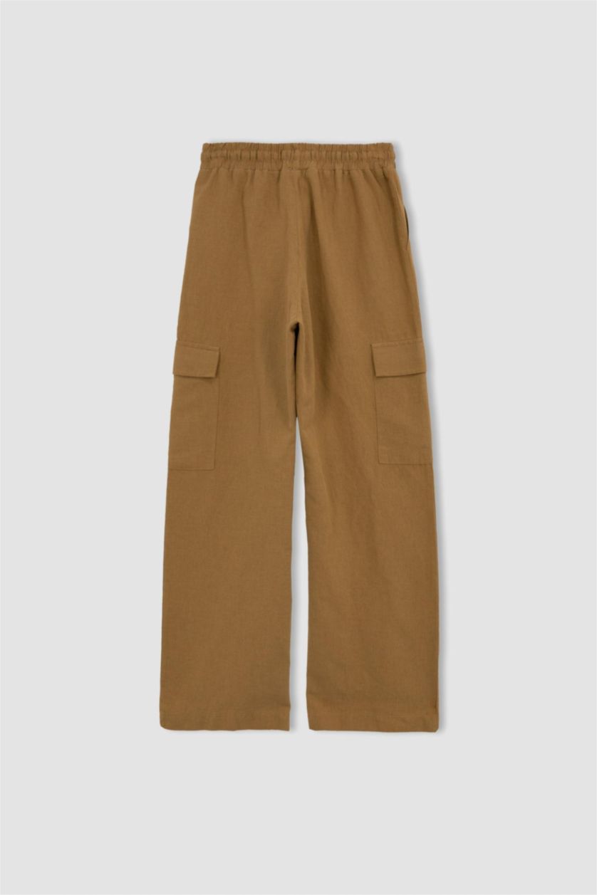 FEMME Marron Pantalon taille normale en lin coupe droite