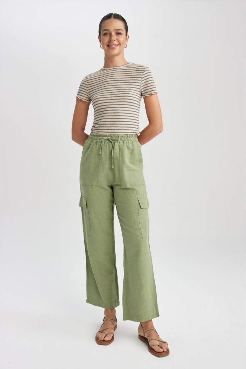 WOMAN Green Straight Fit Linen Normal Waist Trousers