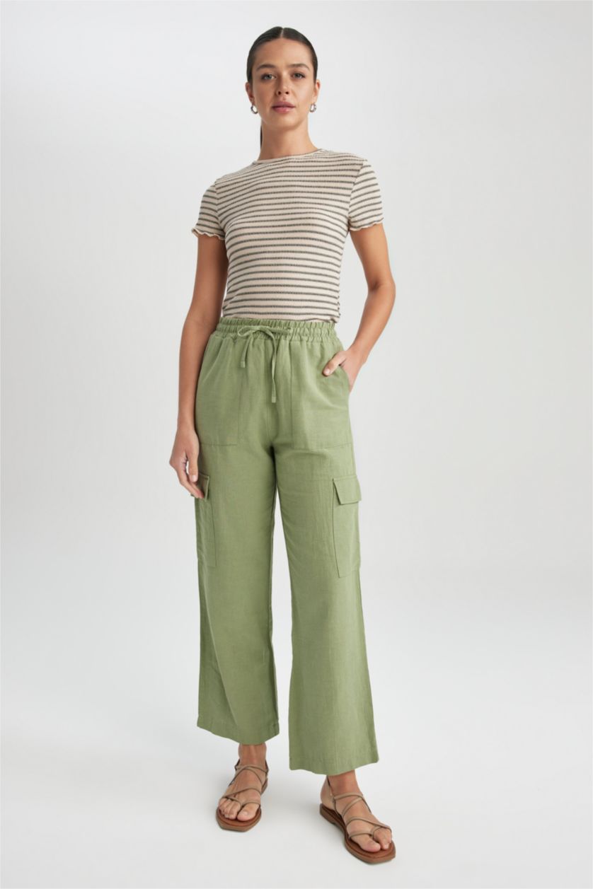 WOMAN Green Straight Fit Linen Normal Waist Trousers