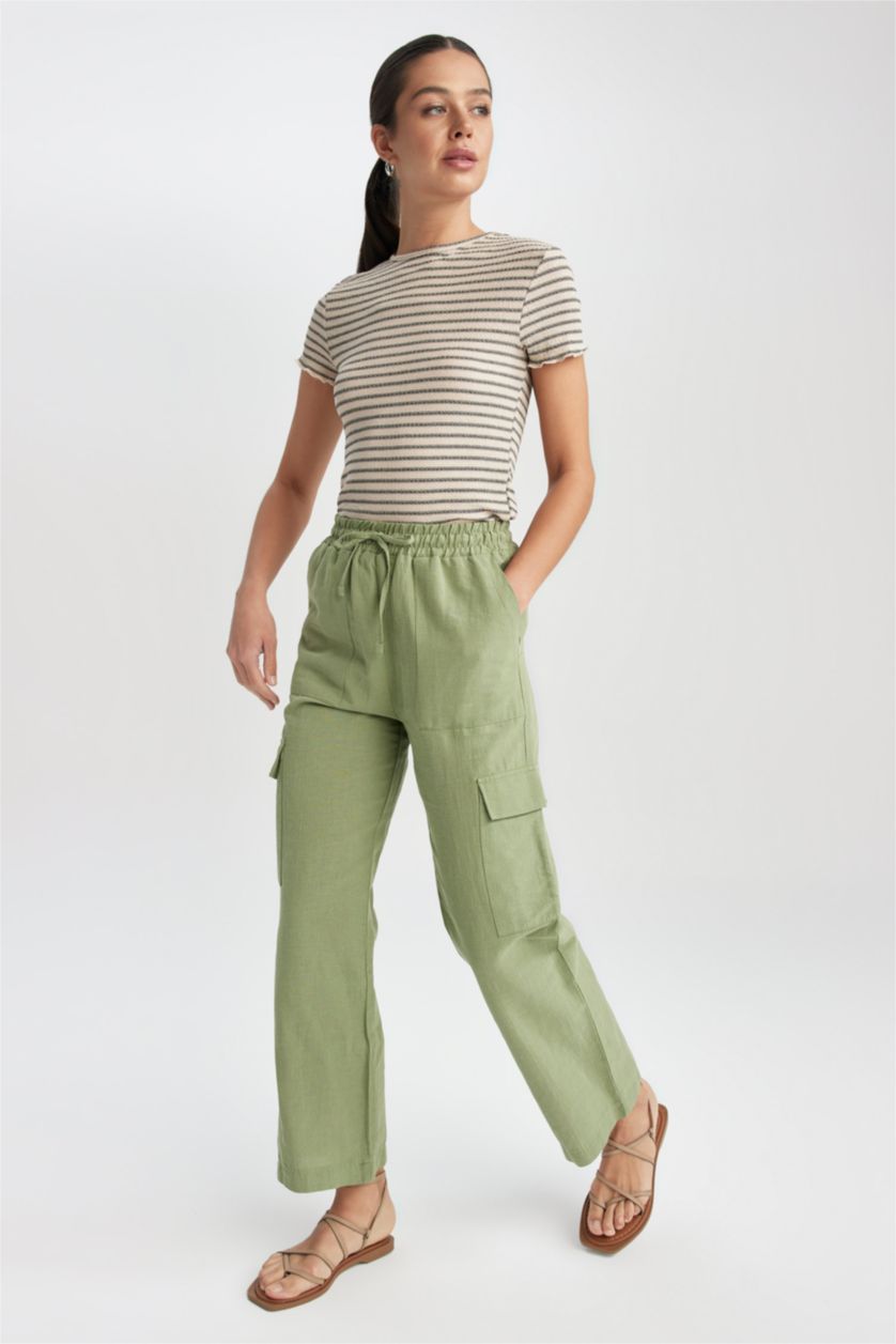 WOMAN Green Straight Fit Linen Normal Waist Trousers