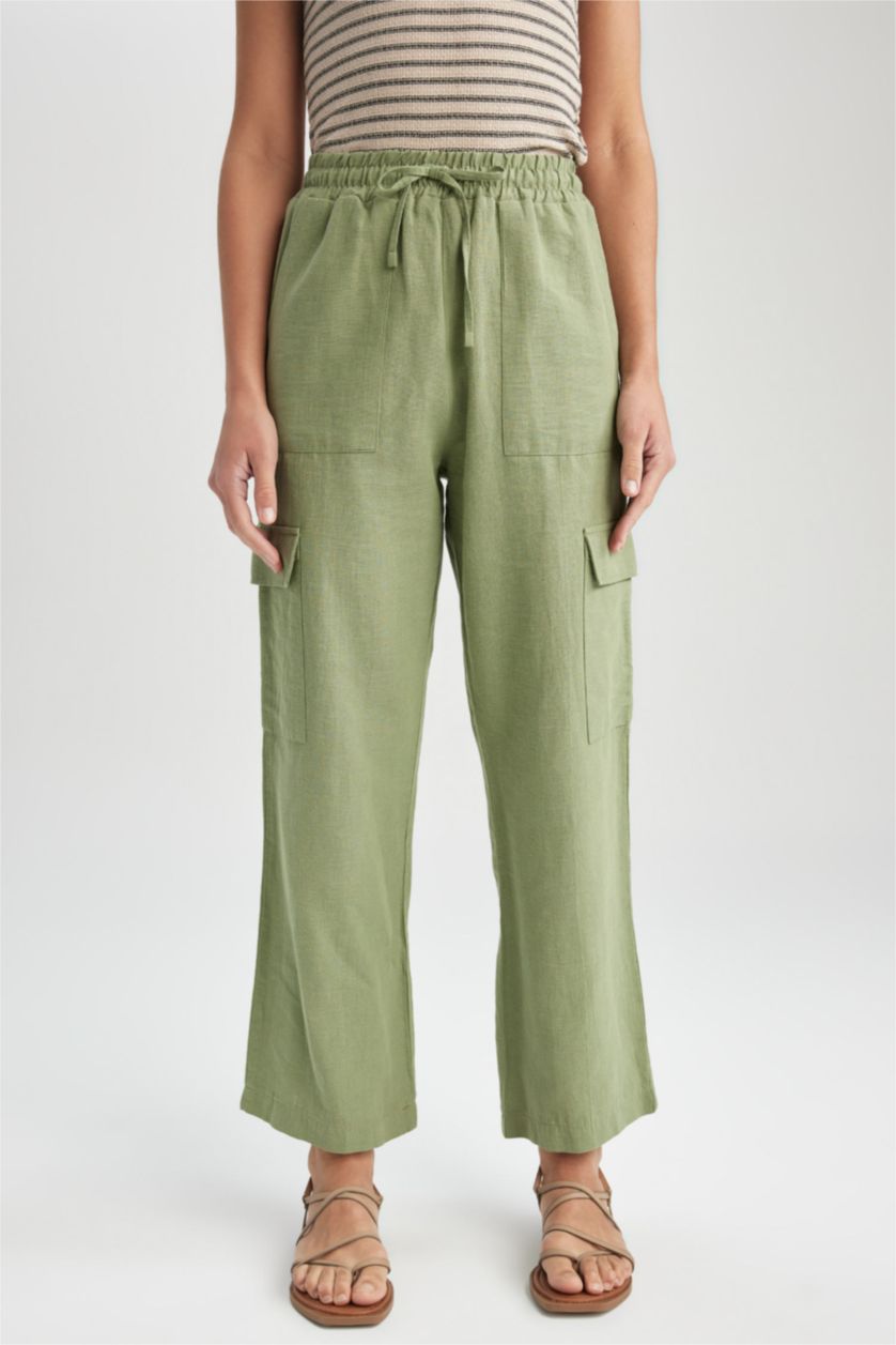 WOMAN Green Straight Fit Linen Normal Waist Trousers