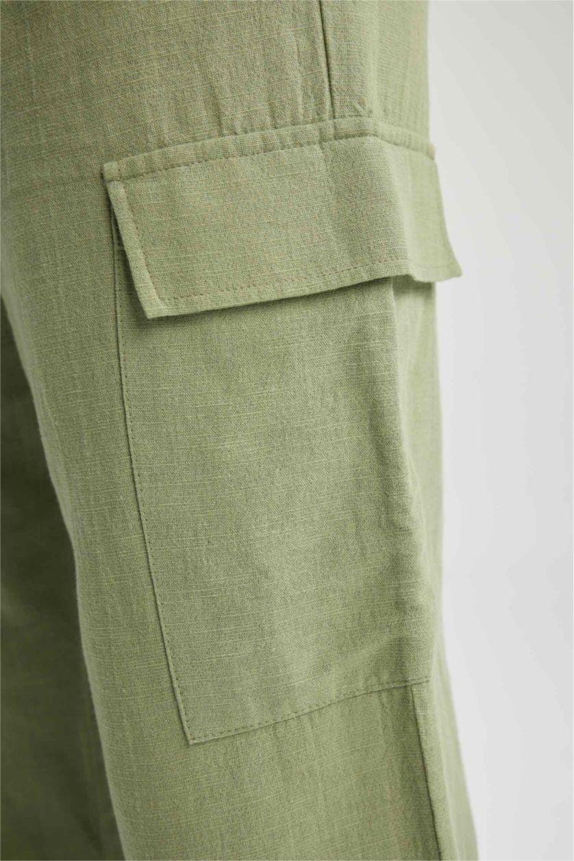 WOMAN Green Straight Fit Linen Normal Waist Trousers