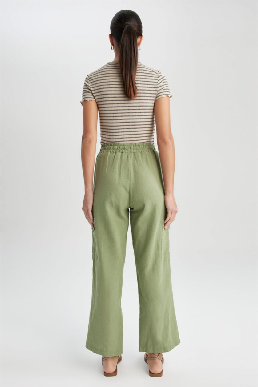 WOMAN Green Straight Fit Linen Normal Waist Trousers