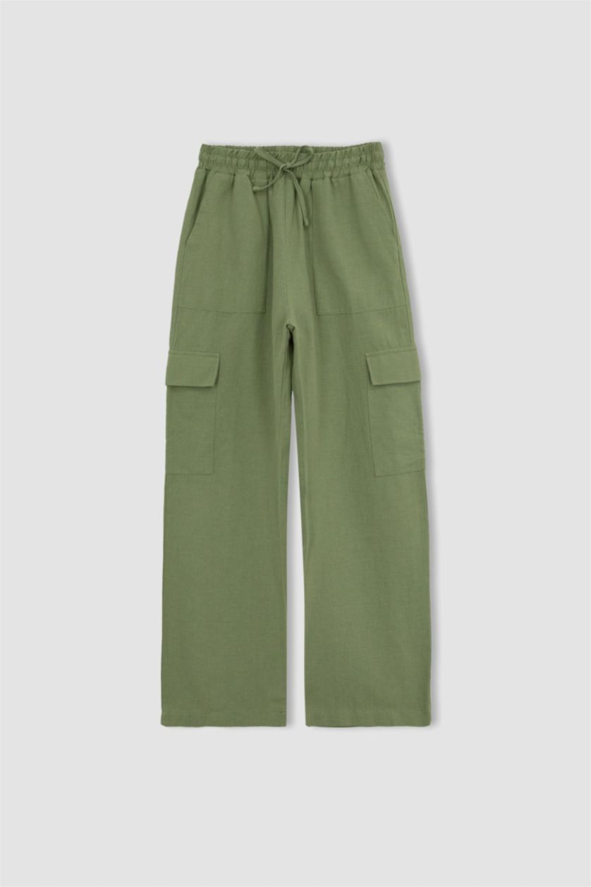 WOMAN Green Straight Fit Linen Normal Waist Trousers