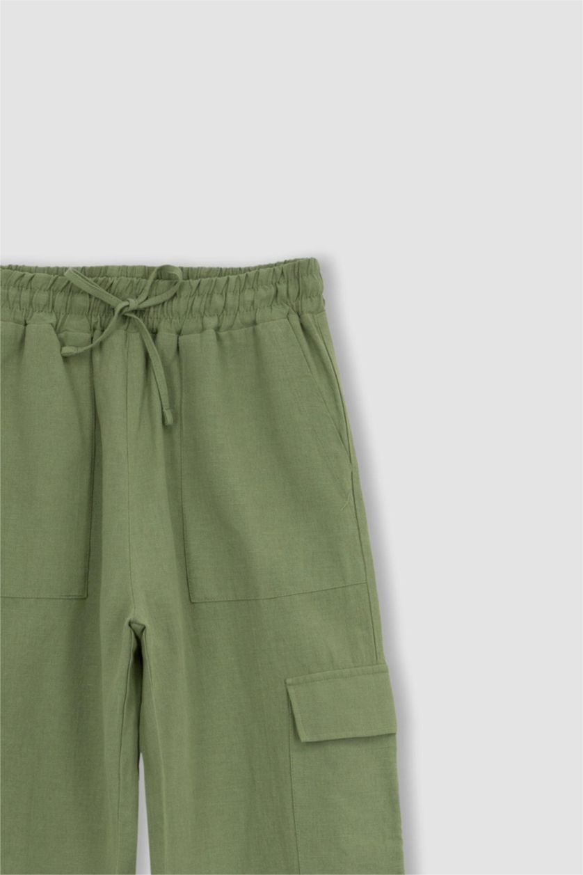 WOMAN Green Straight Fit Linen Normal Waist Trousers