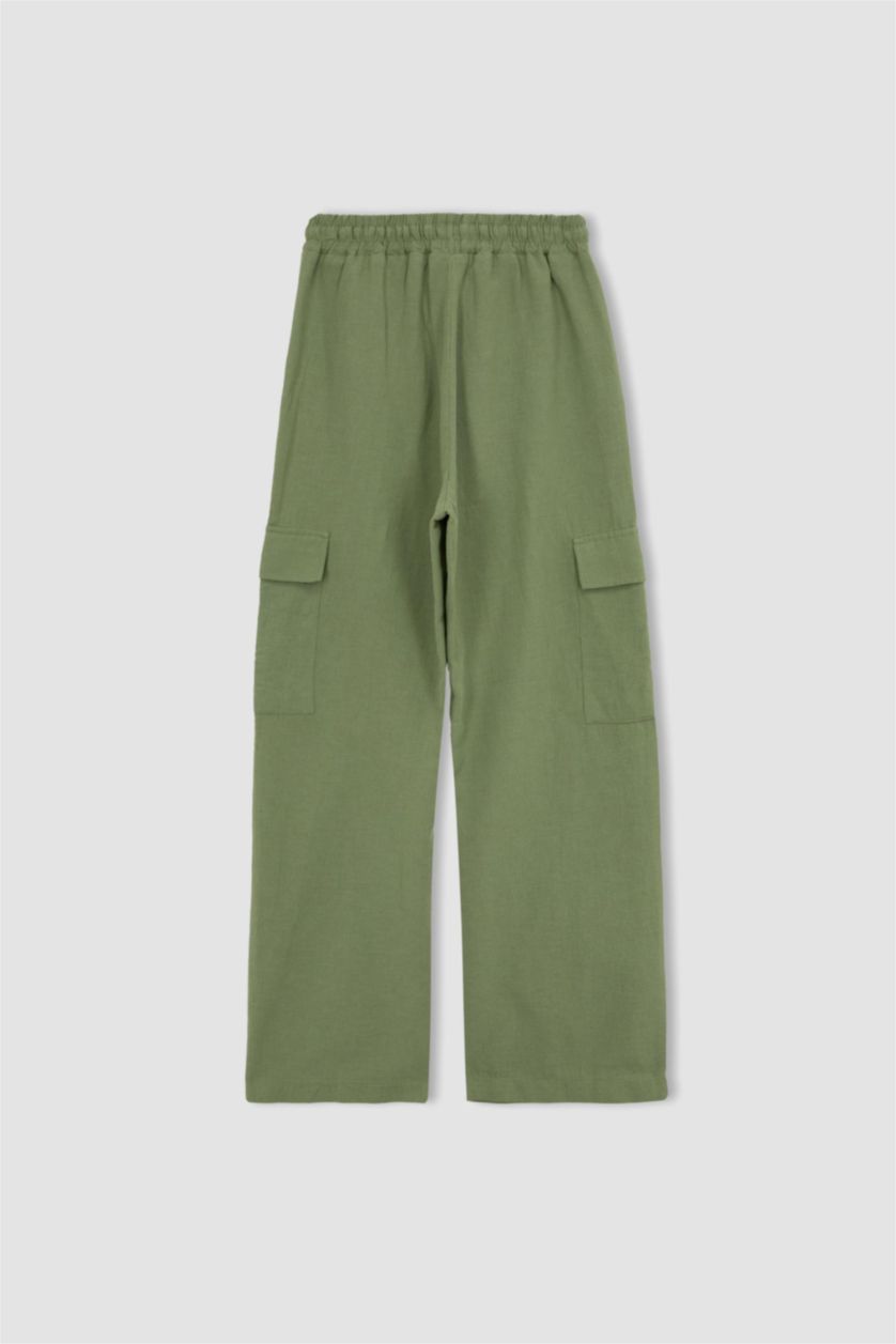 WOMAN Green Straight Fit Linen Normal Waist Trousers