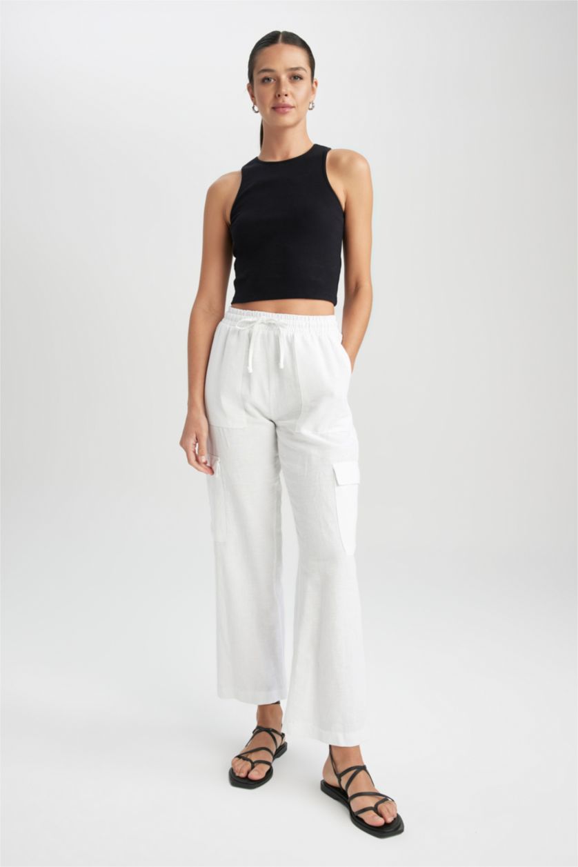 حريمي أبيض بنطلون كتان قصة مستقيمة وخصر عادي