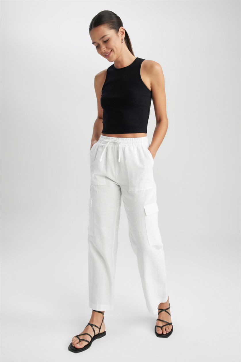 حريمي أبيض بنطلون كتان قصة مستقيمة وخصر عادي