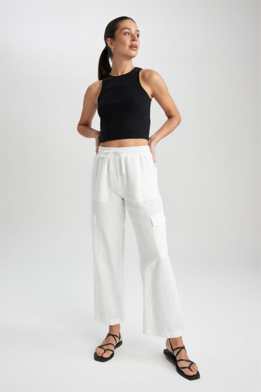 حريمي أبيض بنطلون كتان قصة مستقيمة وخصر عادي