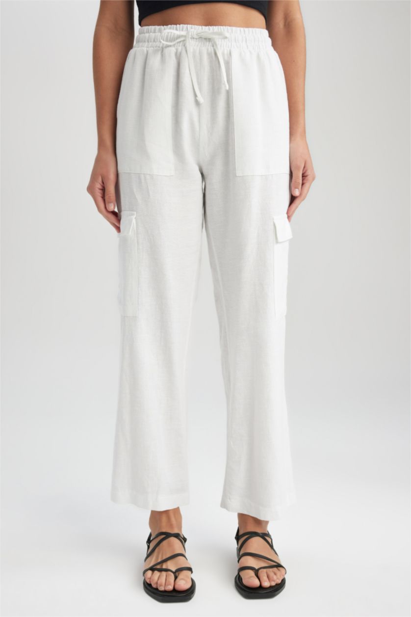 حريمي أبيض بنطلون كتان قصة مستقيمة وخصر عادي