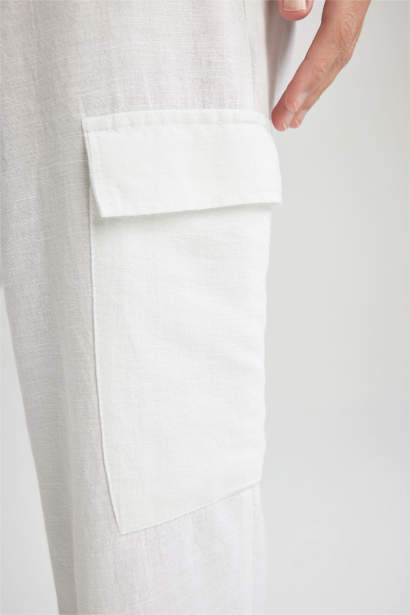 حريمي أبيض بنطلون كتان قصة مستقيمة وخصر عادي