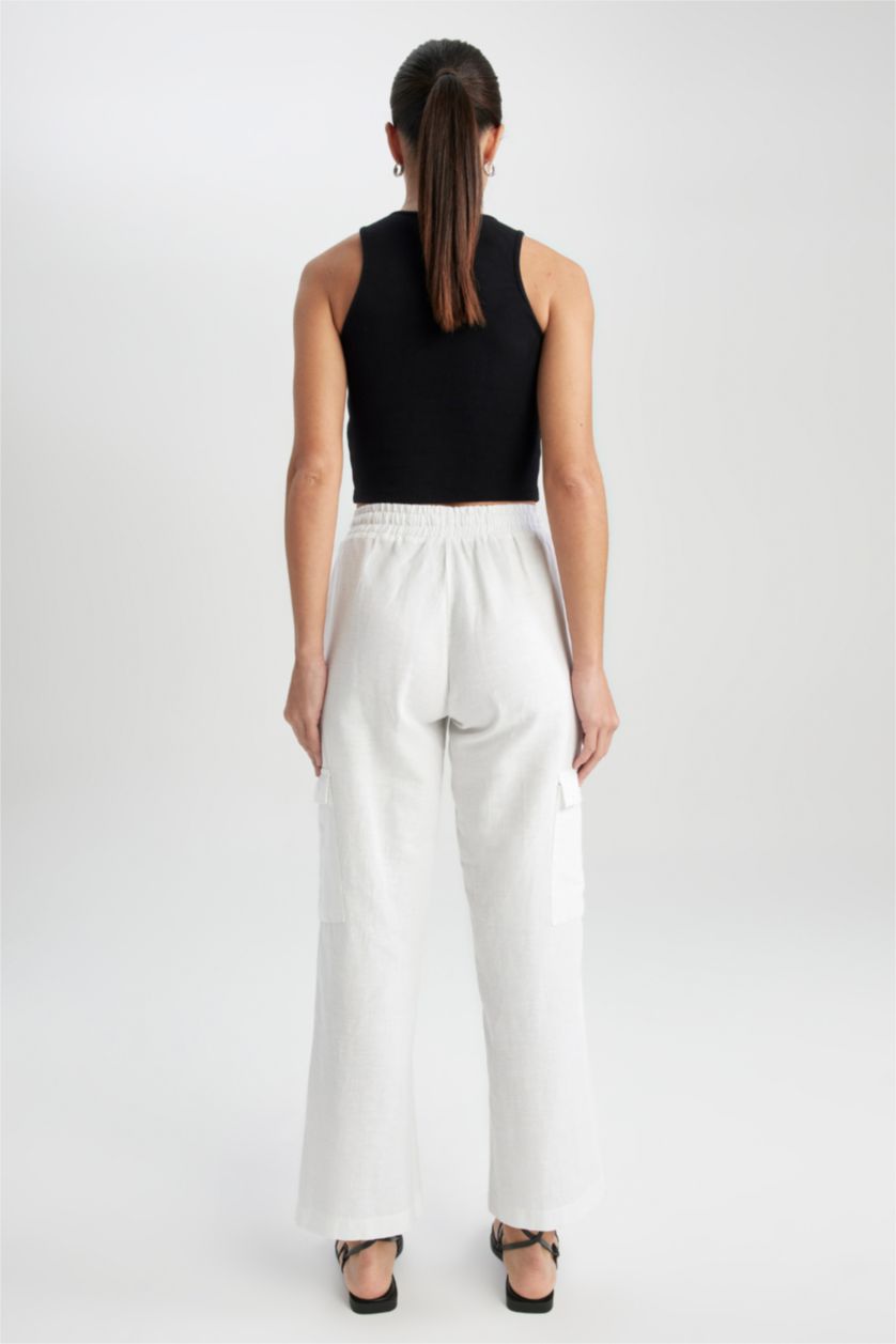 حريمي أبيض بنطلون كتان قصة مستقيمة وخصر عادي