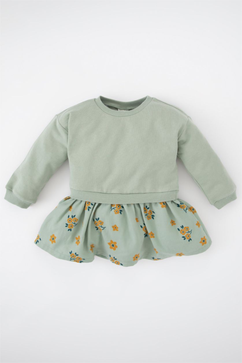 Baby Girl Light Khaki Regular Fit Flower Long Sleeve Knitted Dress