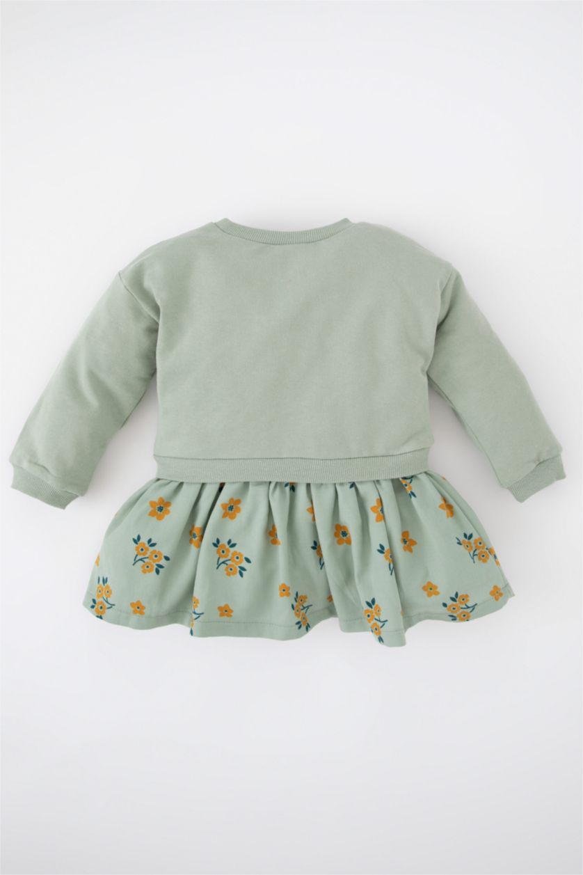 Baby Girl Light Khaki Regular Fit Flower Long Sleeve Knitted Dress