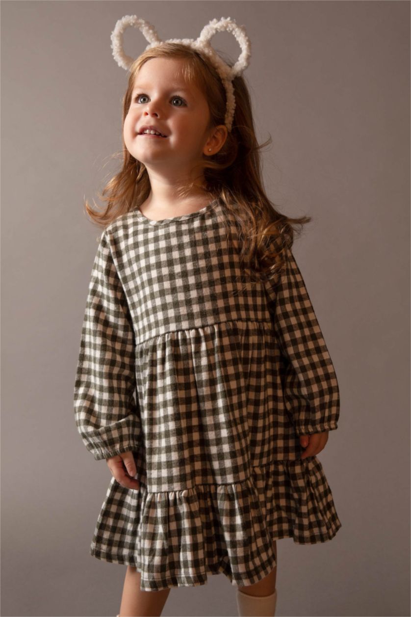 Kız Bebek Yeşil Kareli Uzun Kollu Flanel Elbise Kız Bebek