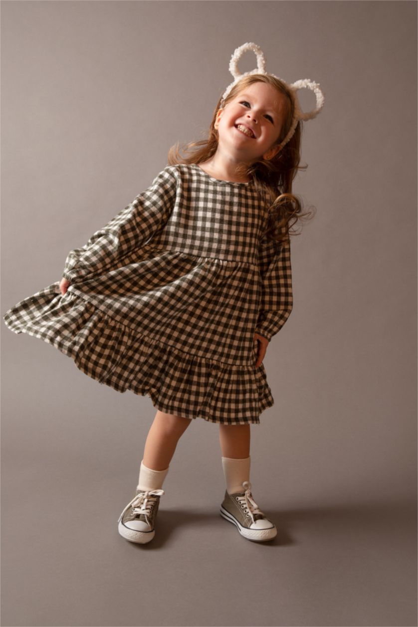 Kız Bebek Yeşil Kareli Uzun Kollu Flanel Elbise Kız Bebek