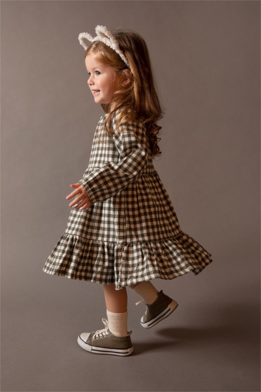 Kız Bebek Yeşil Kareli Uzun Kollu Flanel Elbise Kız Bebek