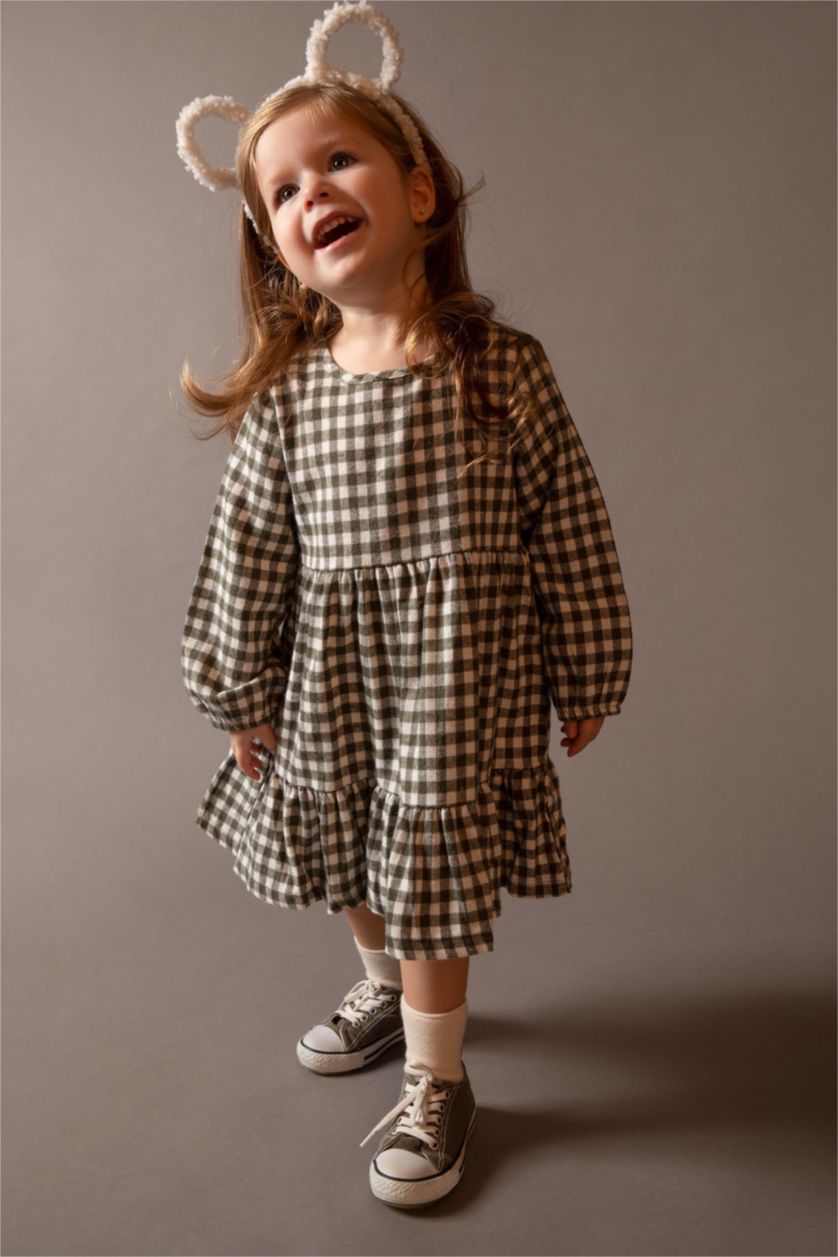 Kız Bebek Yeşil Kareli Uzun Kollu Flanel Elbise Kız Bebek