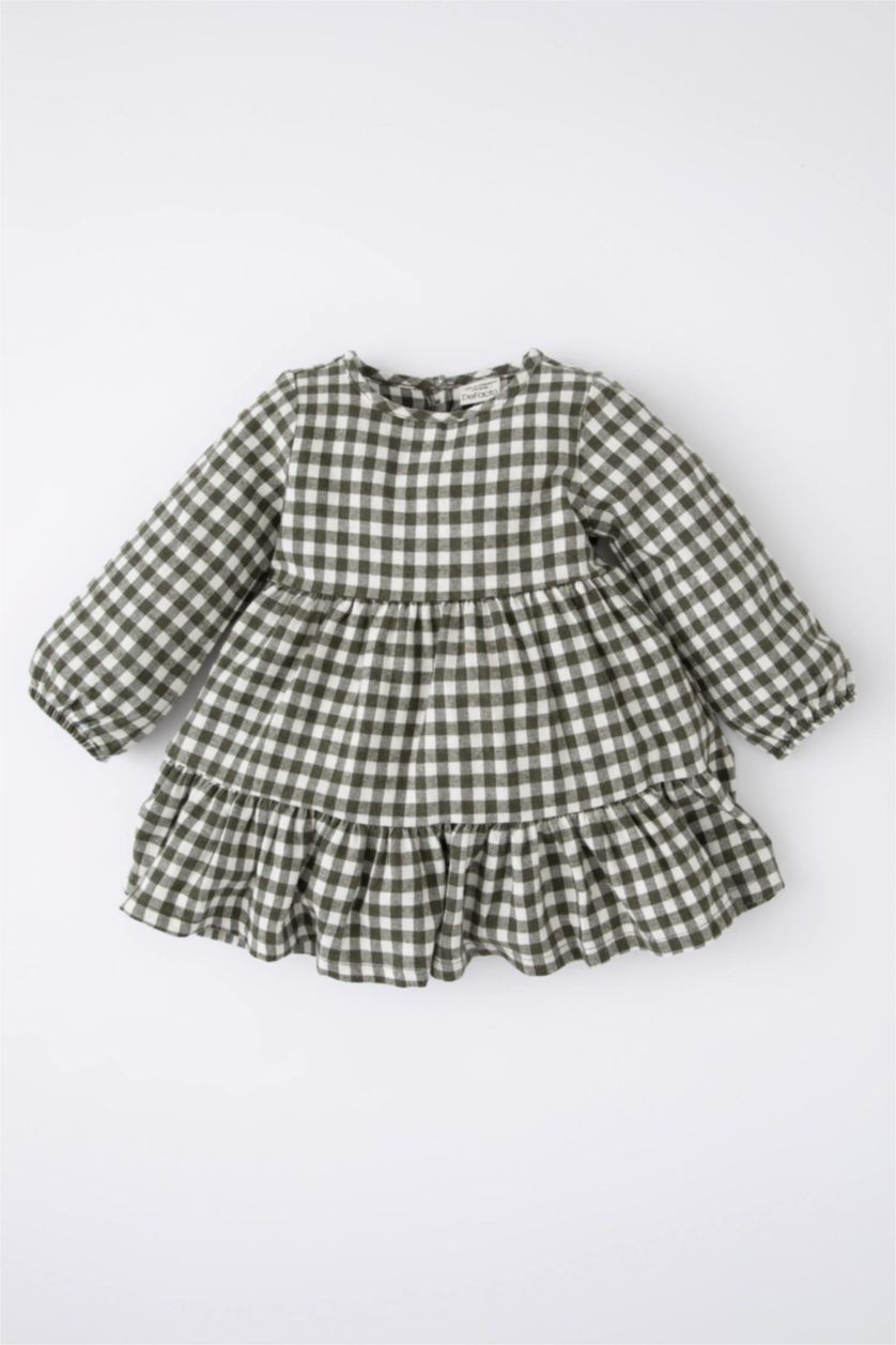 Kız Bebek Yeşil Kareli Uzun Kollu Flanel Elbise Kız Bebek