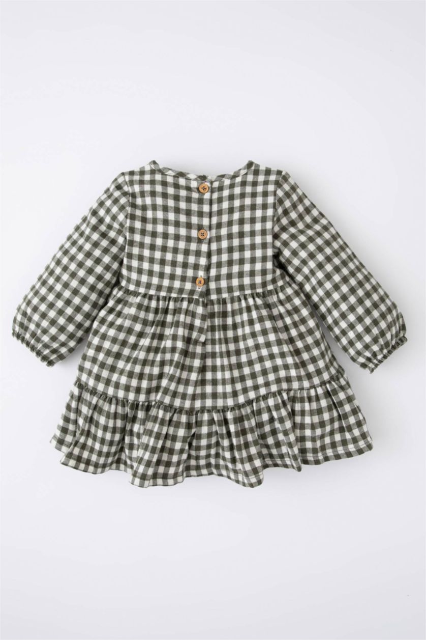 Kız Bebek Yeşil Kareli Uzun Kollu Flanel Elbise Kız Bebek